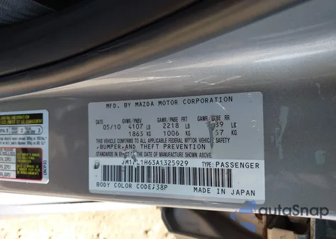 2010 Mazda Mazda3 S Grand Touring из США, поврежденный, VIN JM1BL1H63A1325929